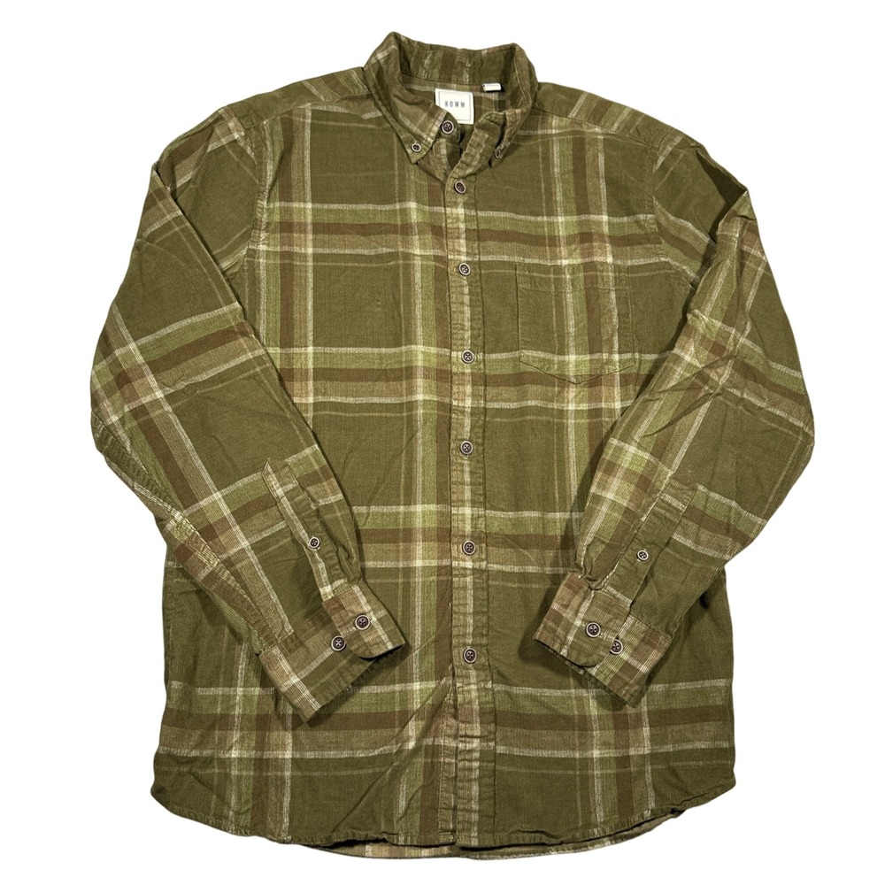ROWM Mens Corduroy Plaid Button Down Shirt Olive Green Brown Long Sleeve Size M